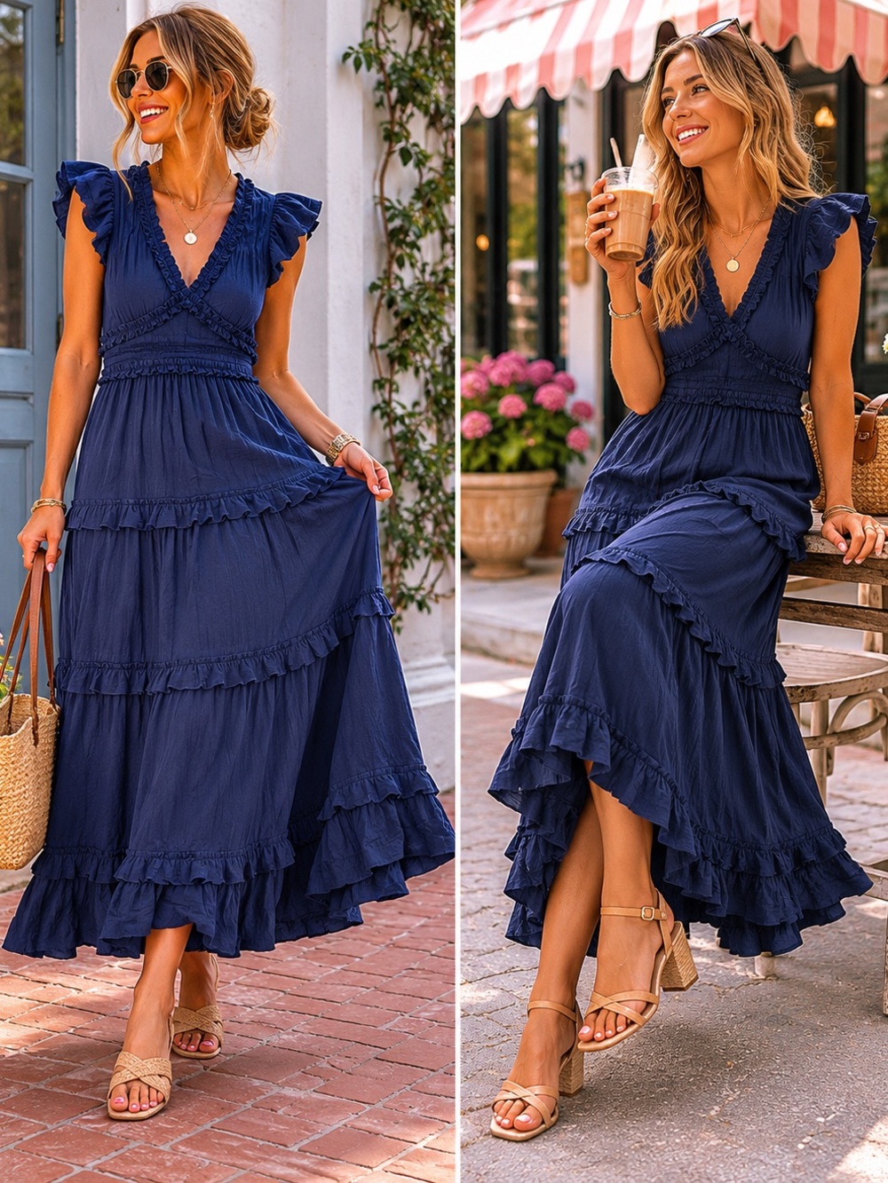 Liza Byrd Navy Blue Ruffle-Tier Maxi Dress🌿